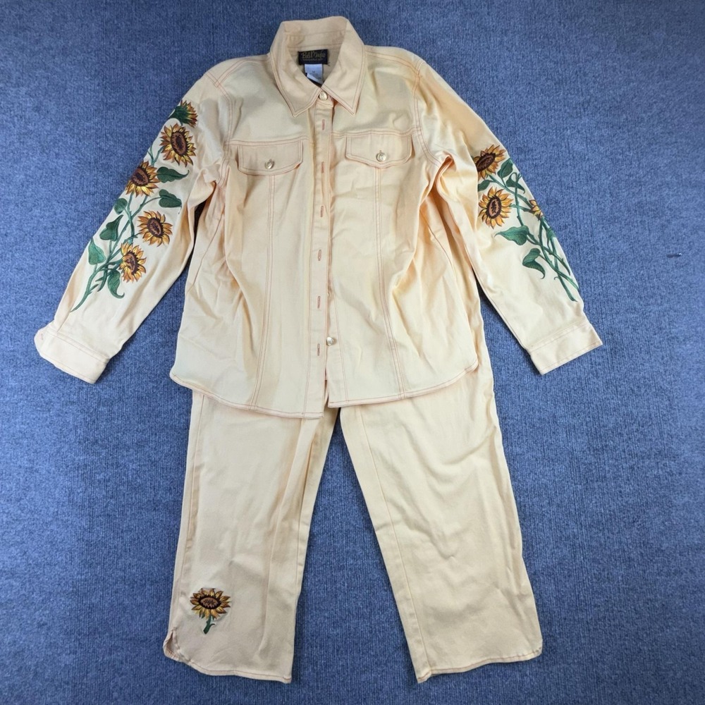 Bob Mackie Jacket Pants Set Womens Medium Yellow Sunflower Embroidered Casual